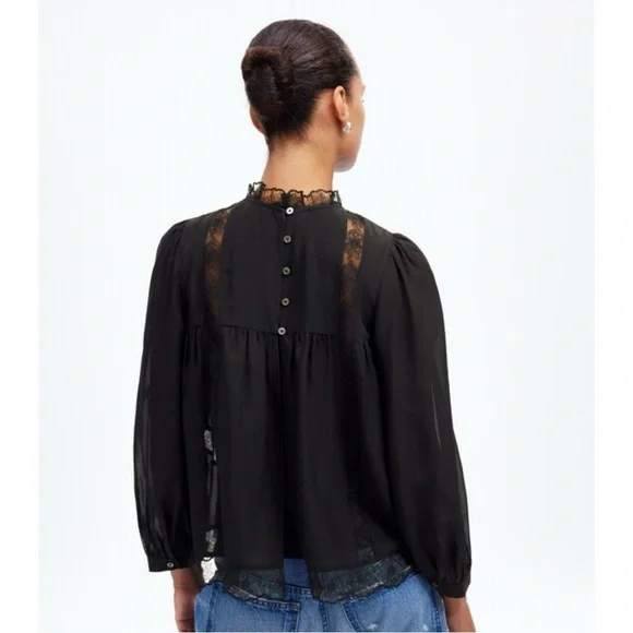 NWT Madewell Lace-Inset Top Blouse Silk True Black - Picture 6 of 6